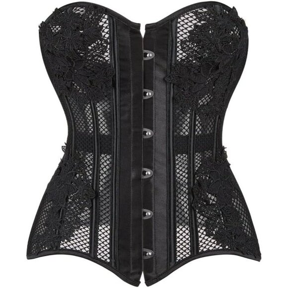 Women's Black Breathable Mesh Satin Overbust Corset Waist Trainer Support